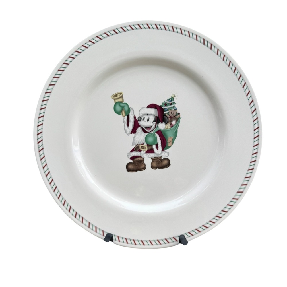Disney Mickey Mouse Santa Christmas Dessert Salad Plate Candy Cane Border 8.25"